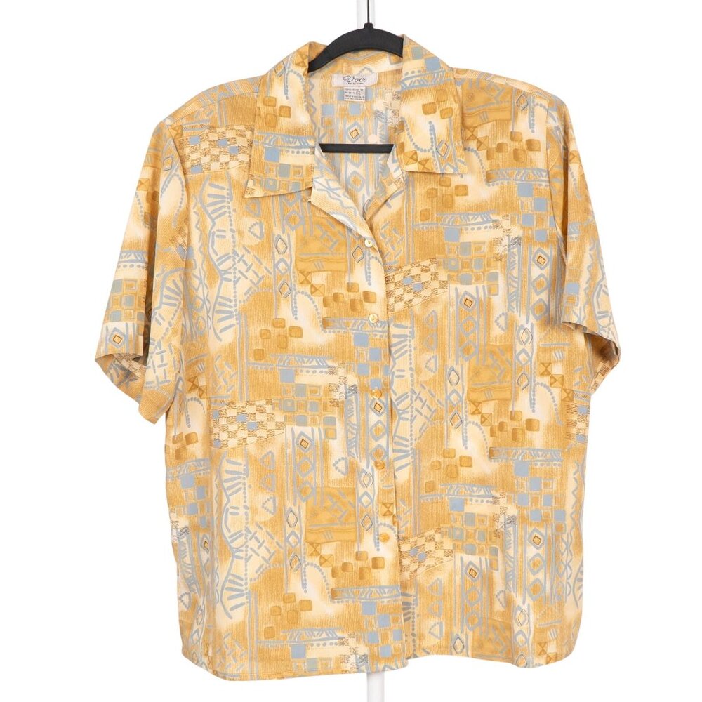 Voir Collection VTG Button Up Shirt XL Womens Yellow Blue Geometric Short Sleeve